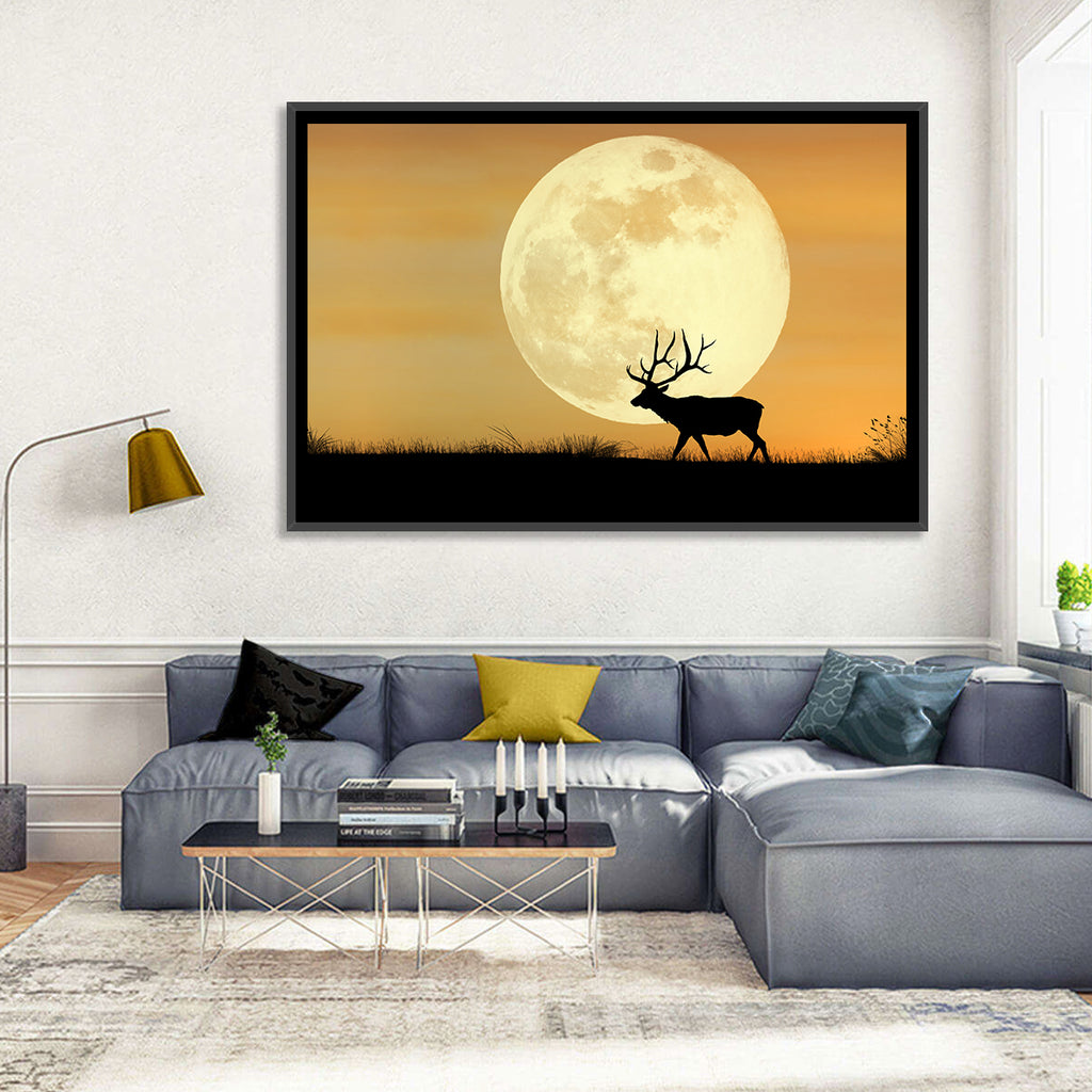 Bull Elk Silhouette Under Supermoon Wall Art