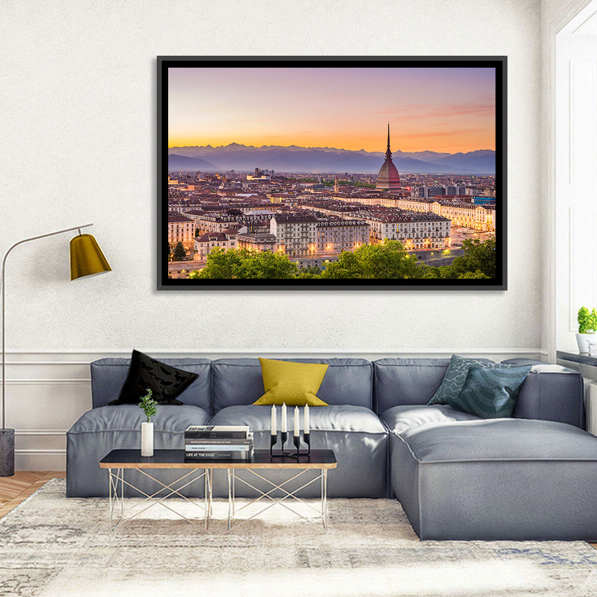 Turin Skyline at Golden Dusk Wall Art in a room, landscape
