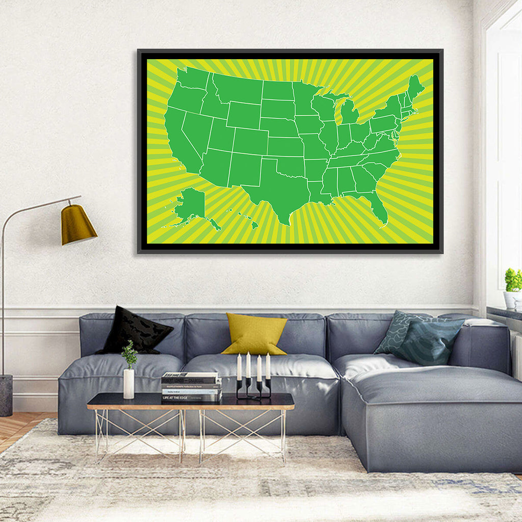 Green Sunburst USA Map Wall Art