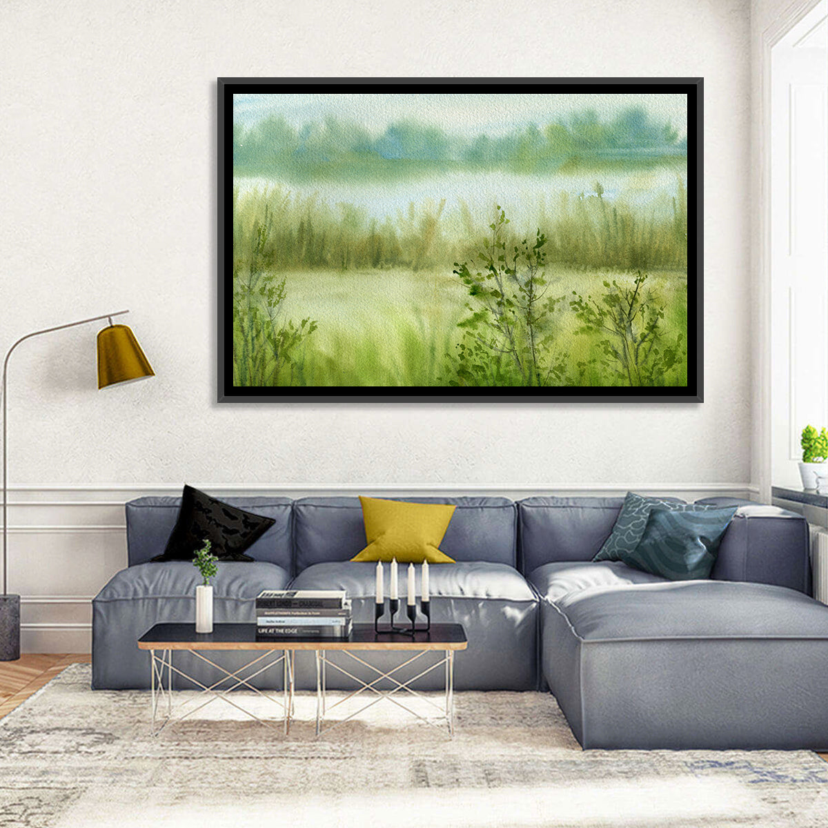 Misty River Meadow Watercolor Wall Art in a room, landscape