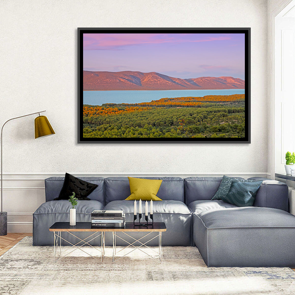 Lake Vrana Golden Hour Wall Art in a room, landscape