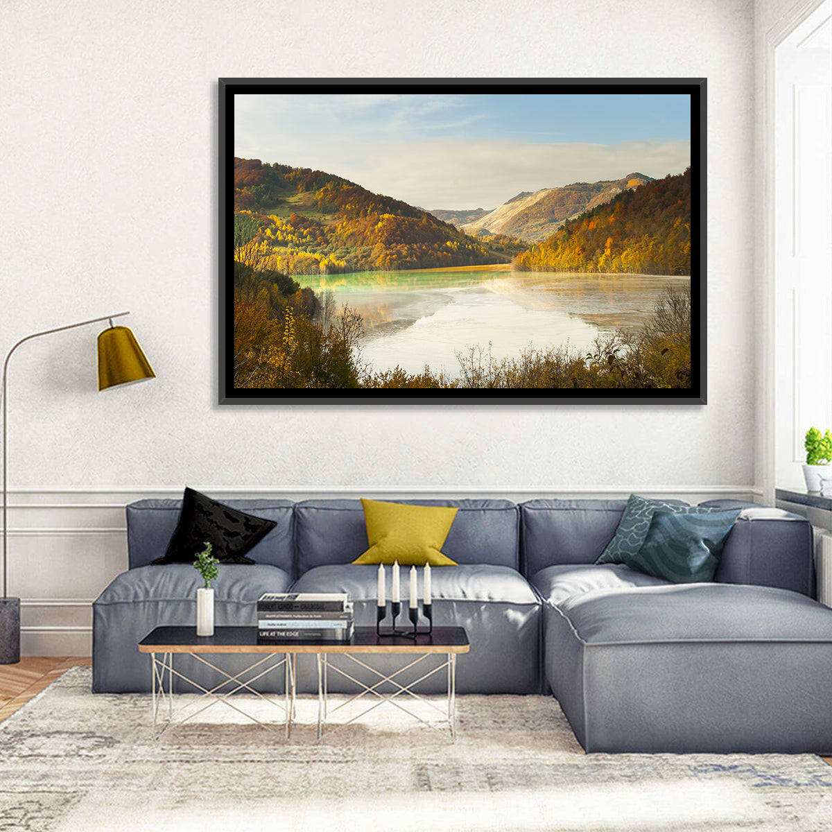 Bright Green Tailings Lake Wall Art in a room, landscape