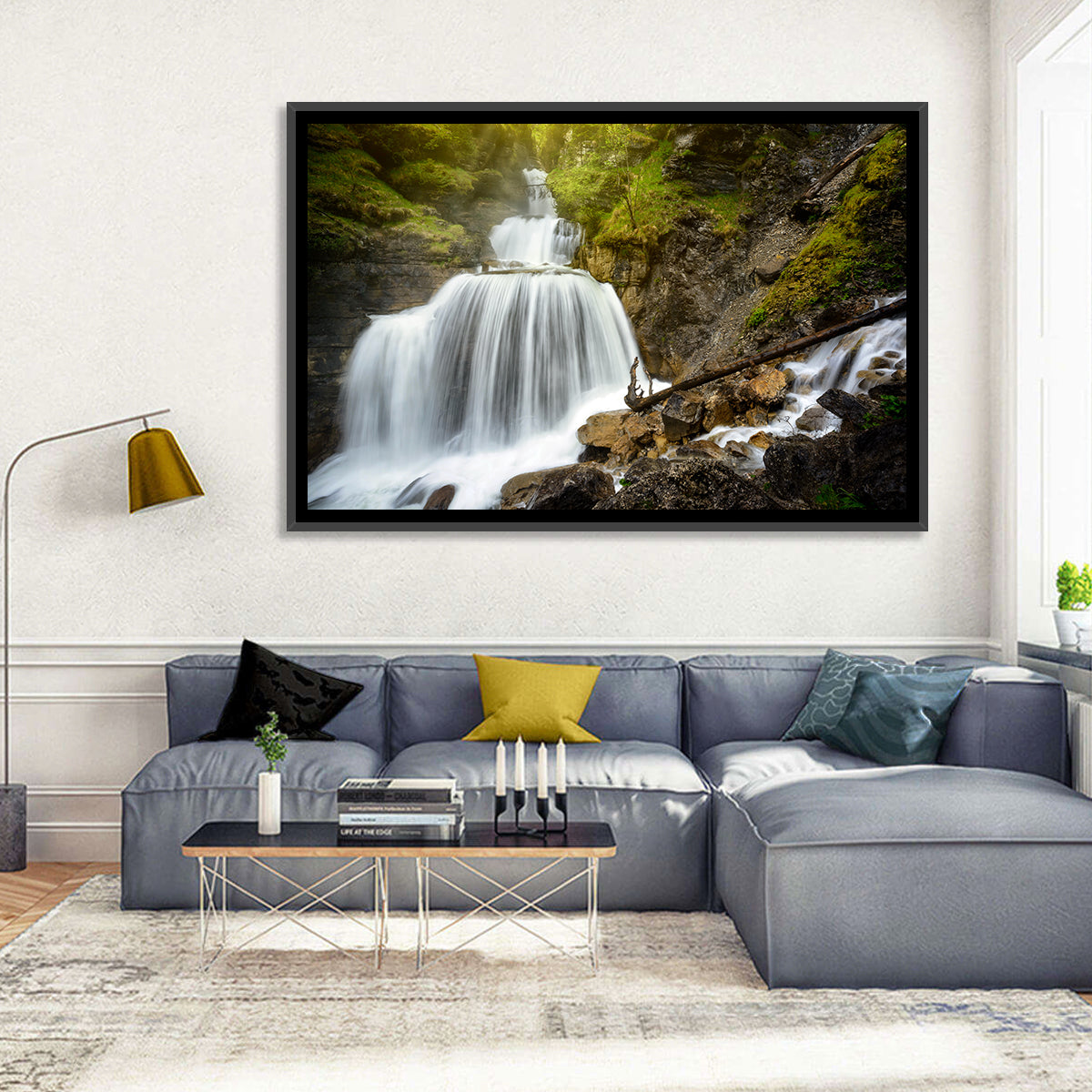 White Cascade Over Mossy Rocks Wall Art