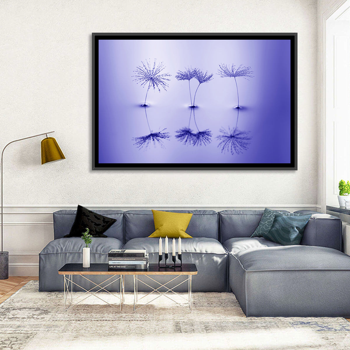 Blue Dandelion Seeds with Reflections Wall Art in a room, landscape