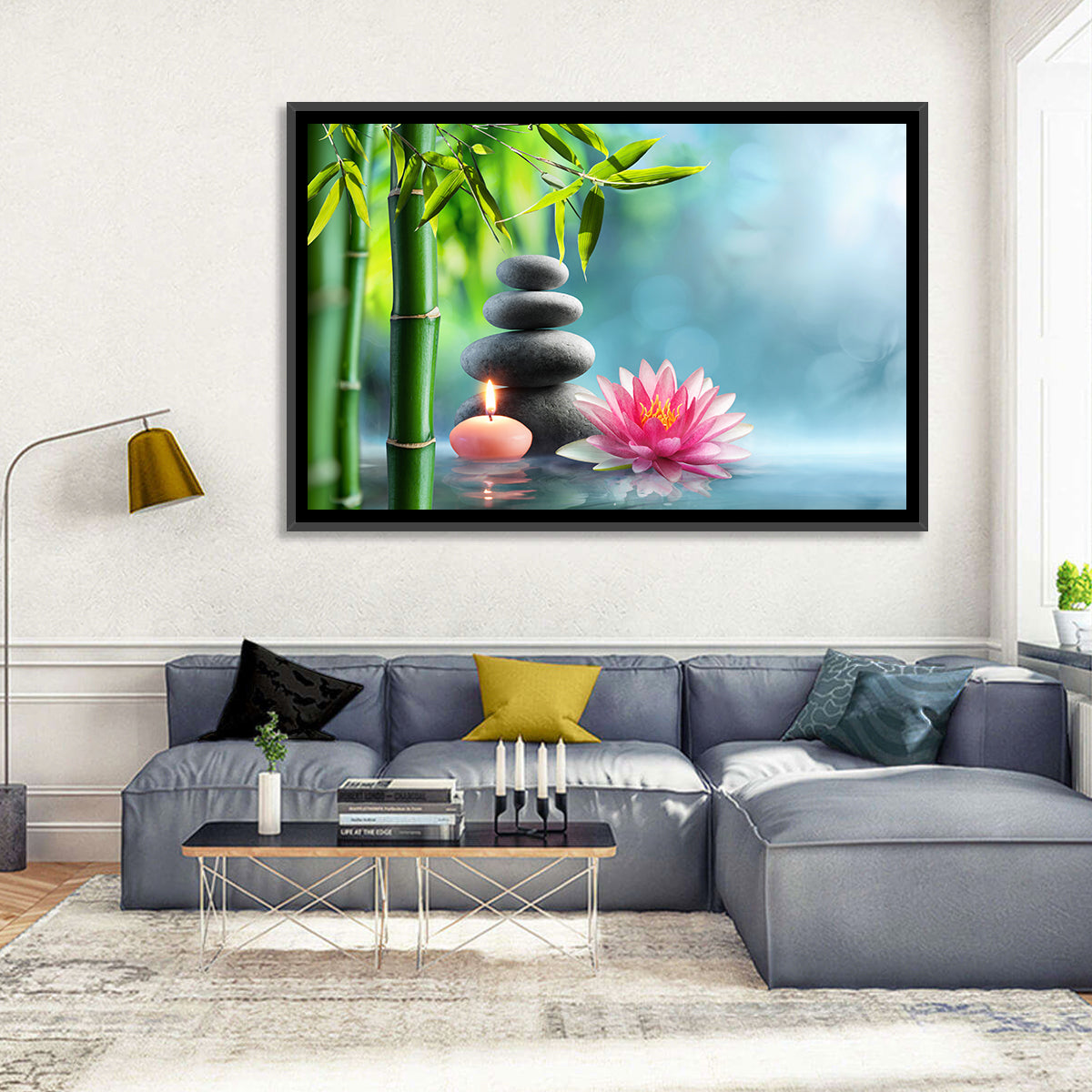 Zen Massage Stones with Waterlily Wall Art in a room, landscape