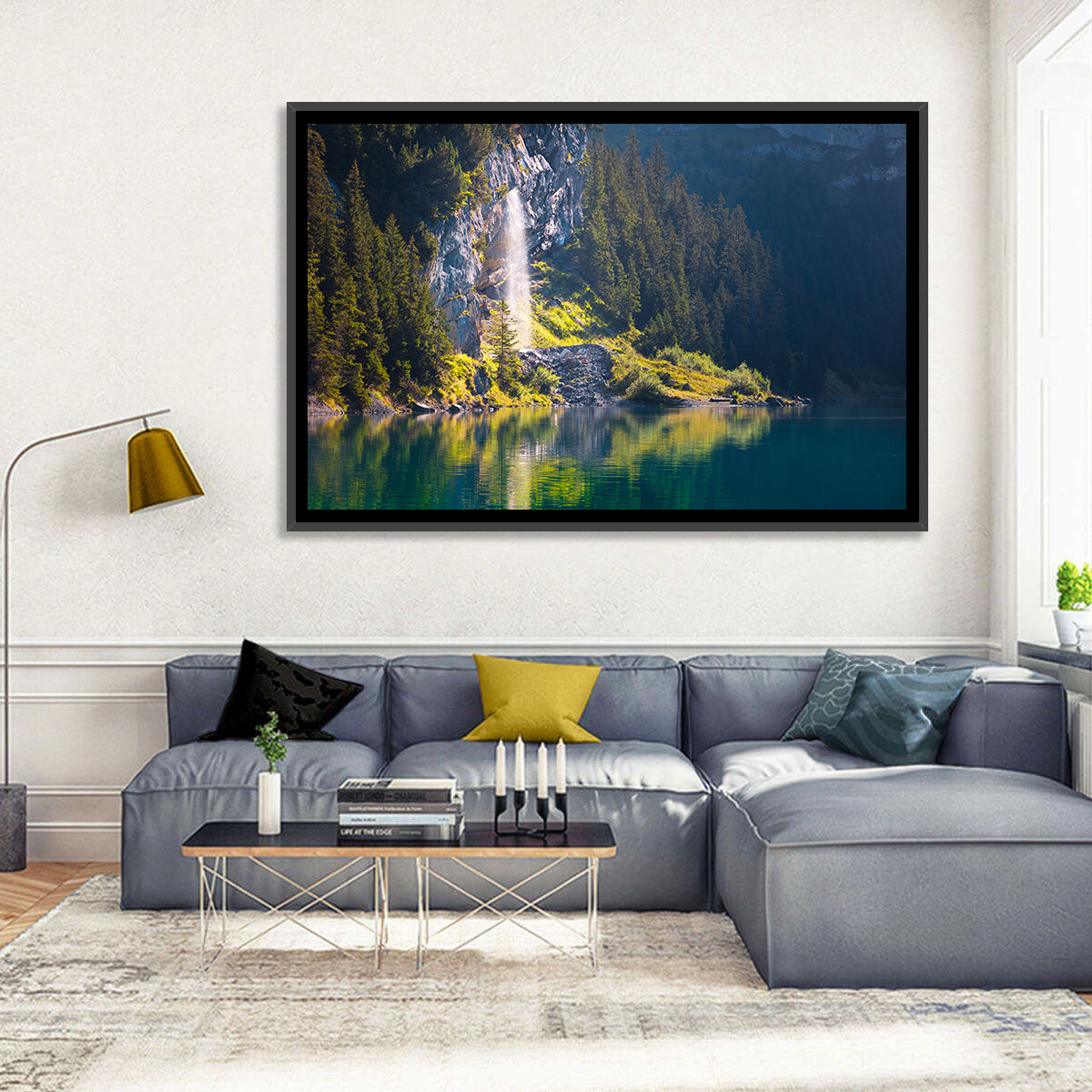 Lake Oeschinen Waterfall Reflection Wall Art in a room, landscape