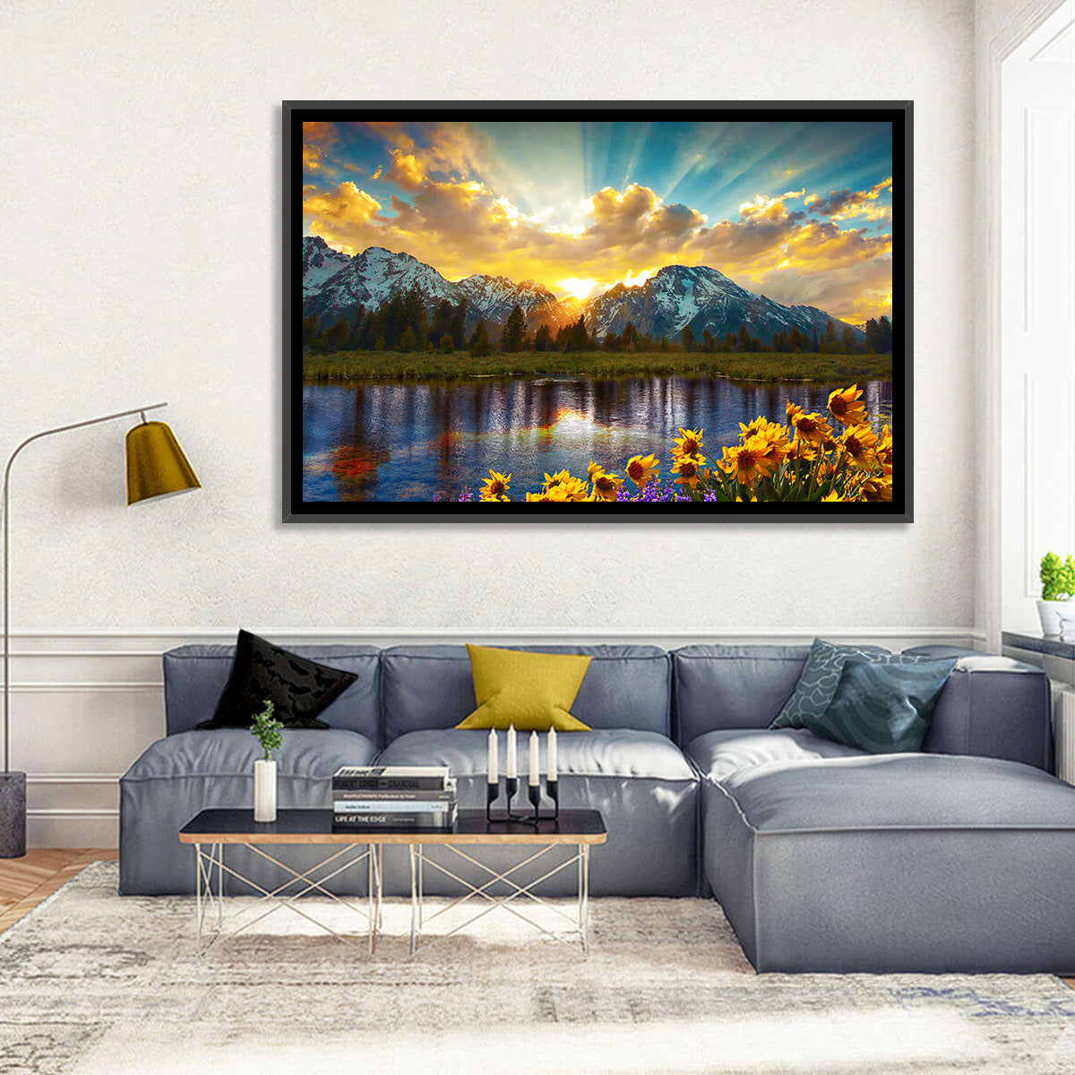 Grand Teton Sunrise Reflection Wall Art in a room, landscape