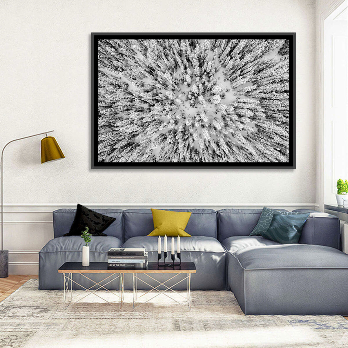 Snowy Aerial Forest Wall Art in a room, landscape
