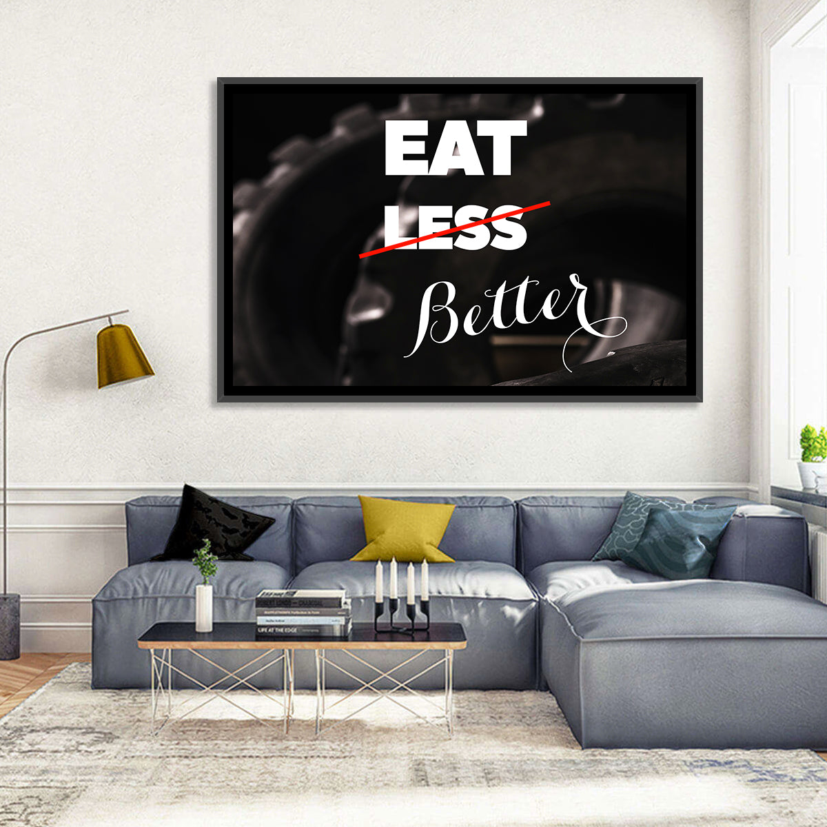 Eat Less, Better Motivation Quote Wall Art in a room, landscape