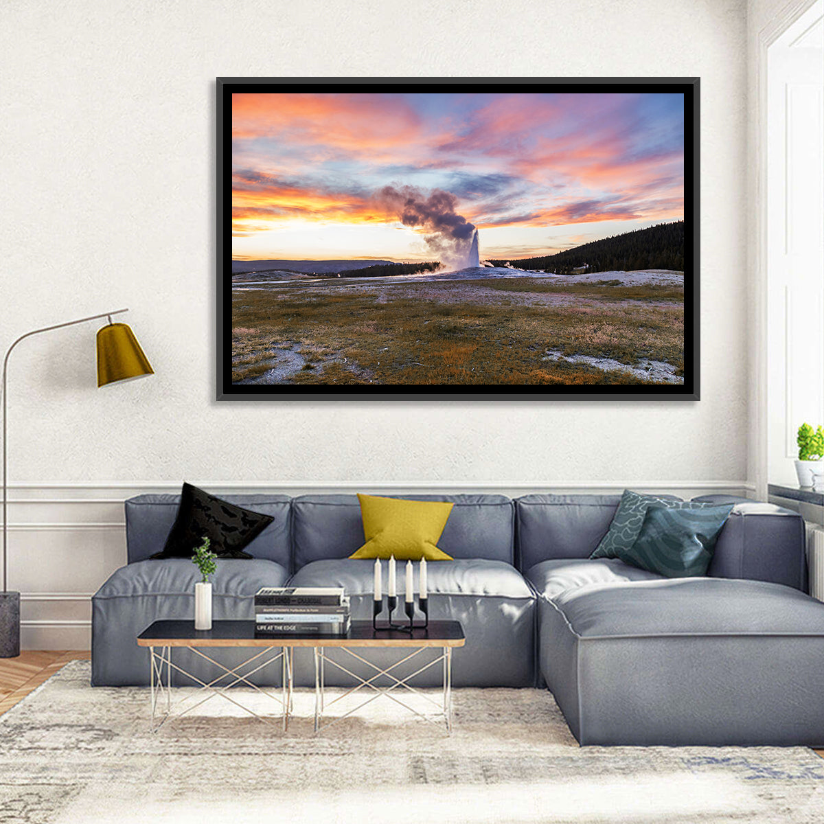 Old Faithful Erupting at Sunset Wall Art in a room, landscape