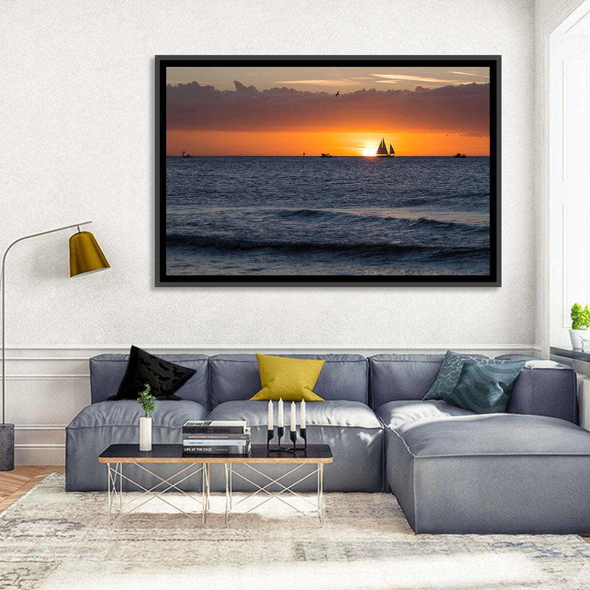 Florida Sailboat Sunset Wall Art in a room, landscape