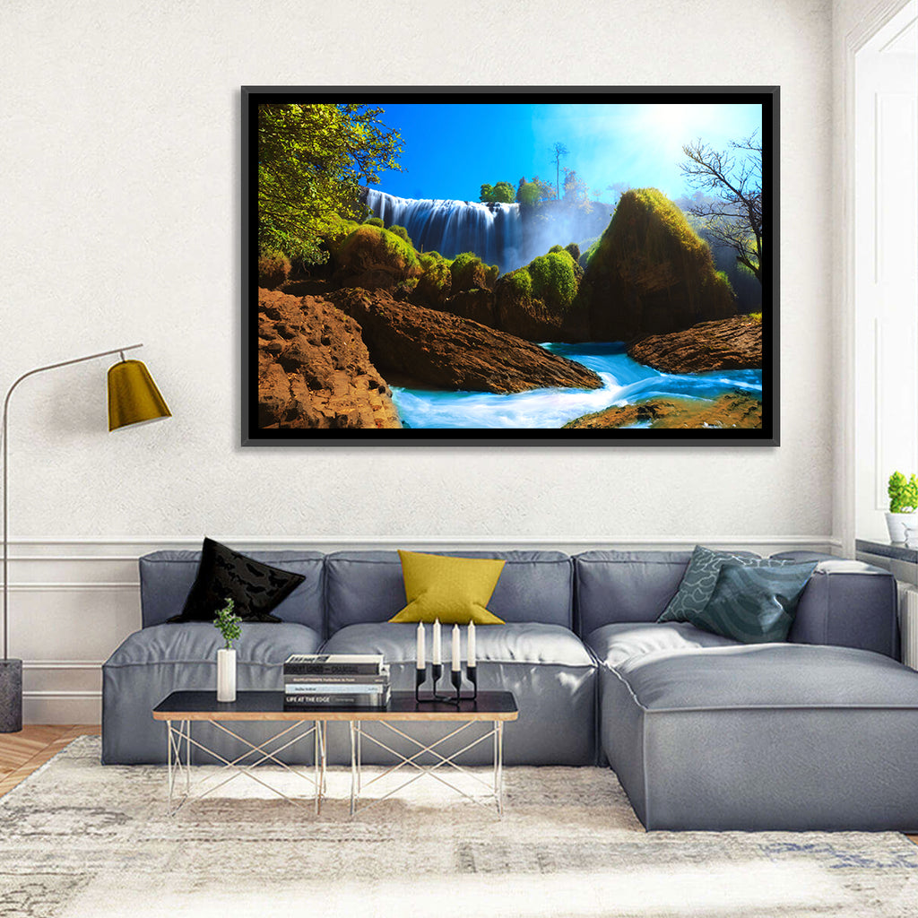 Sunlit Turquoise Waterfall Wall Art