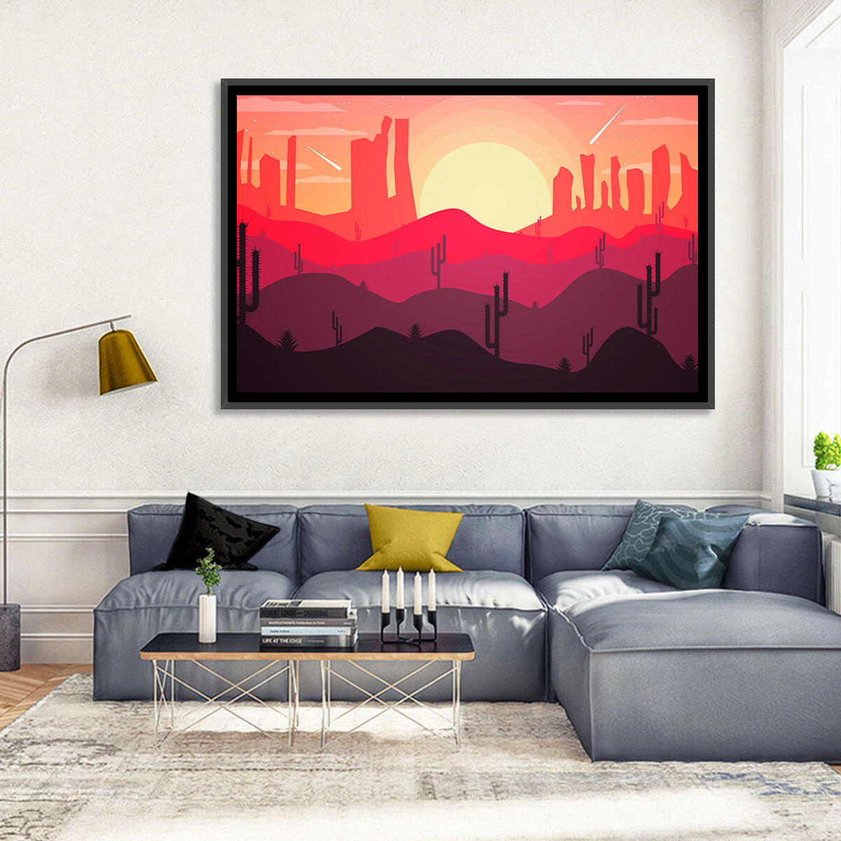 Sunset Desert Cacti Wall Art in a room, landscape