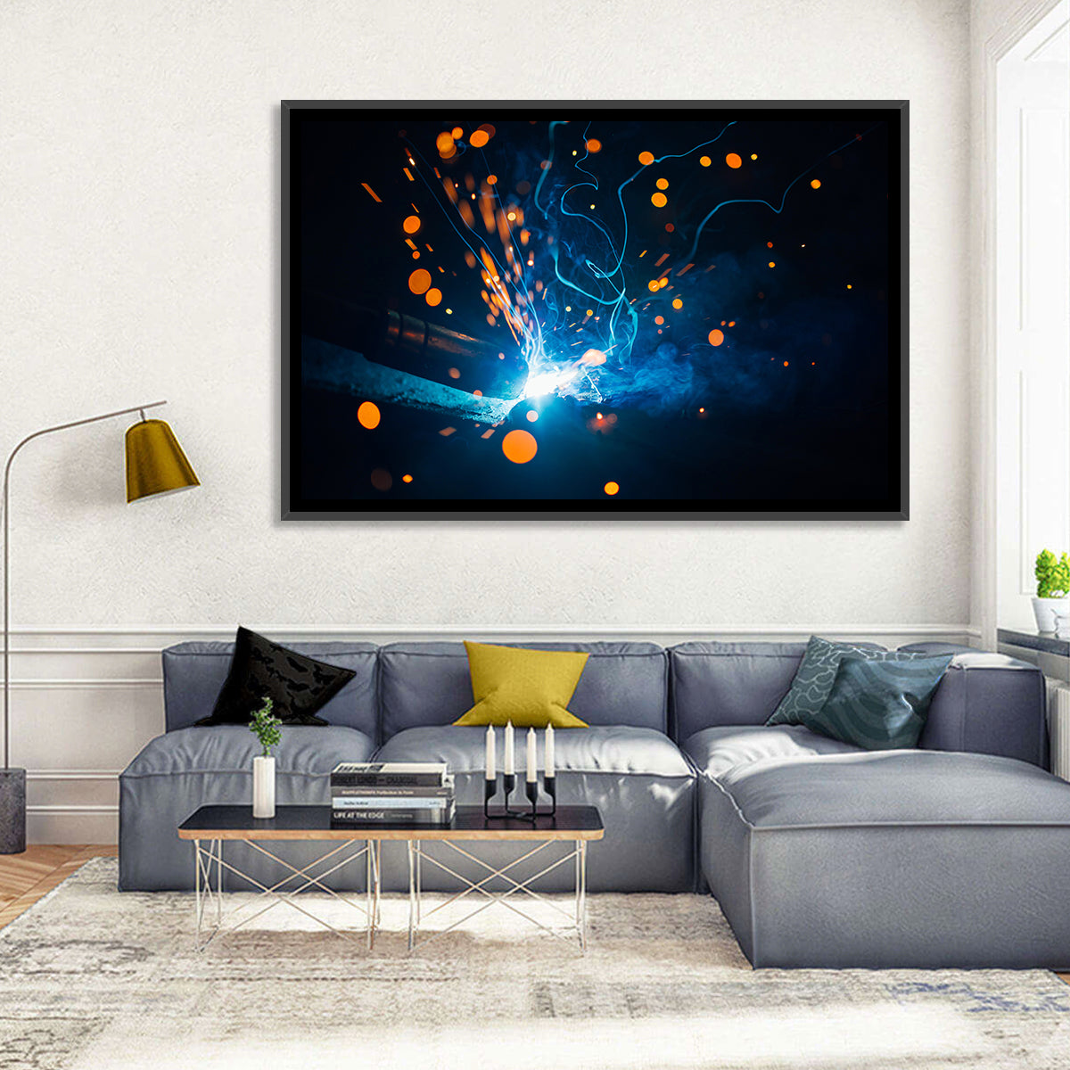 Bright Blue Welding Sparks Wall Art in a room, landscape