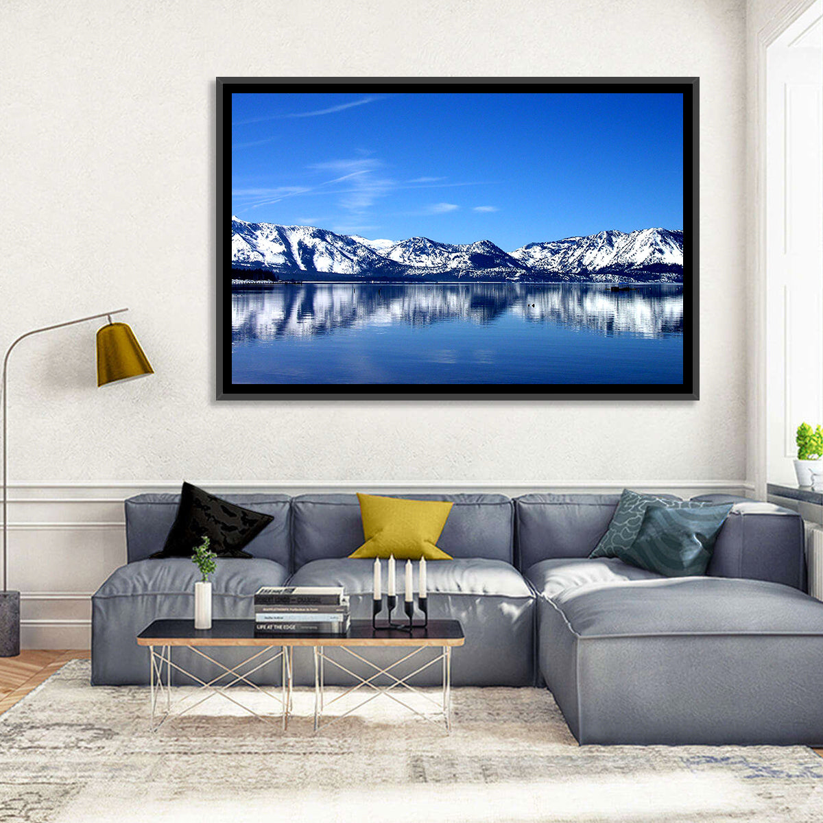 Lake Tahoe Mountain Reflection Wall Art in a room, landscape