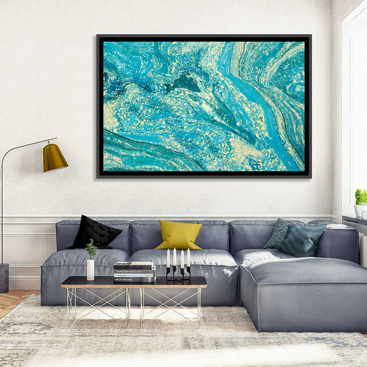 Teal Marble Swirls Abstract Wall Art in a room, landscape