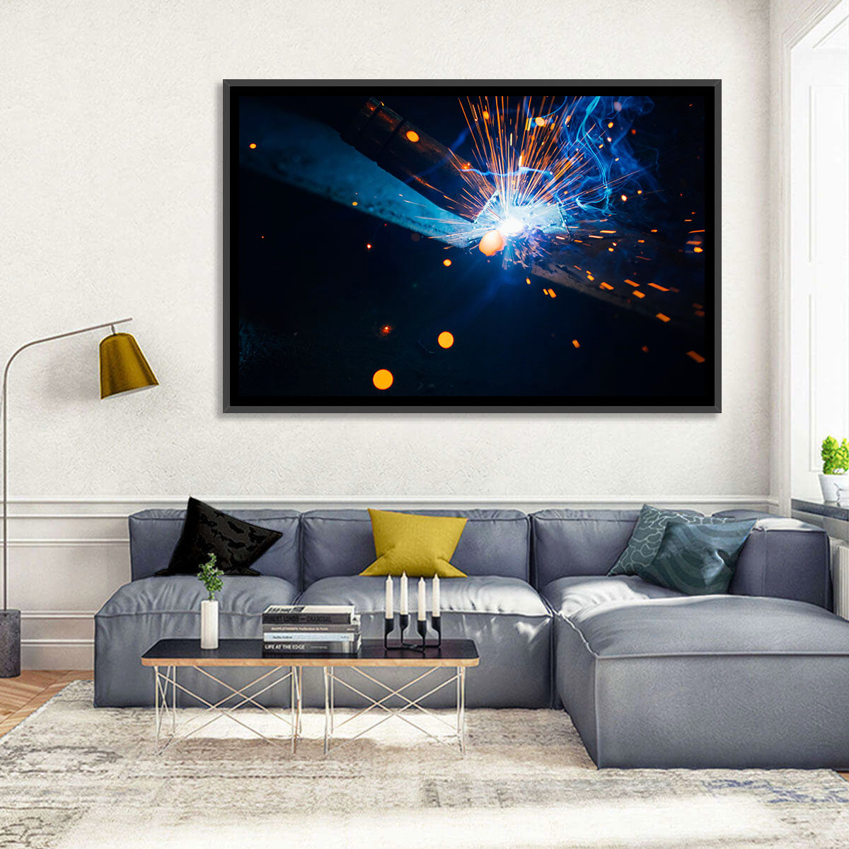 Molten Metal Sparks Wall Art in a room, landscape