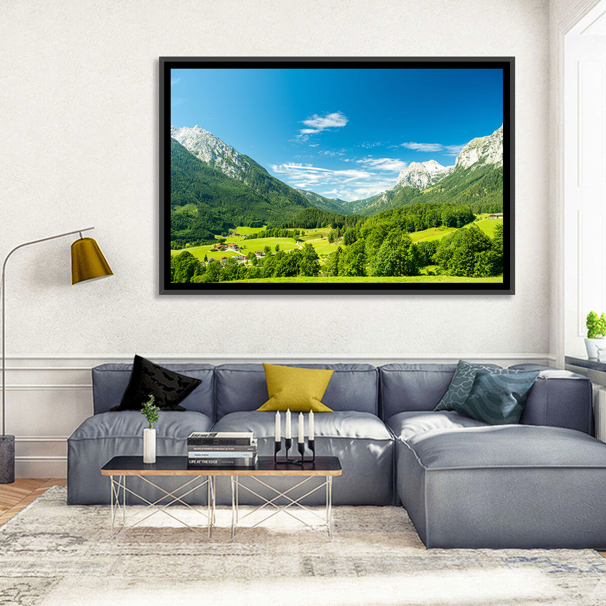 Bavarian Alpine Valley Wall Art in a room, landscape