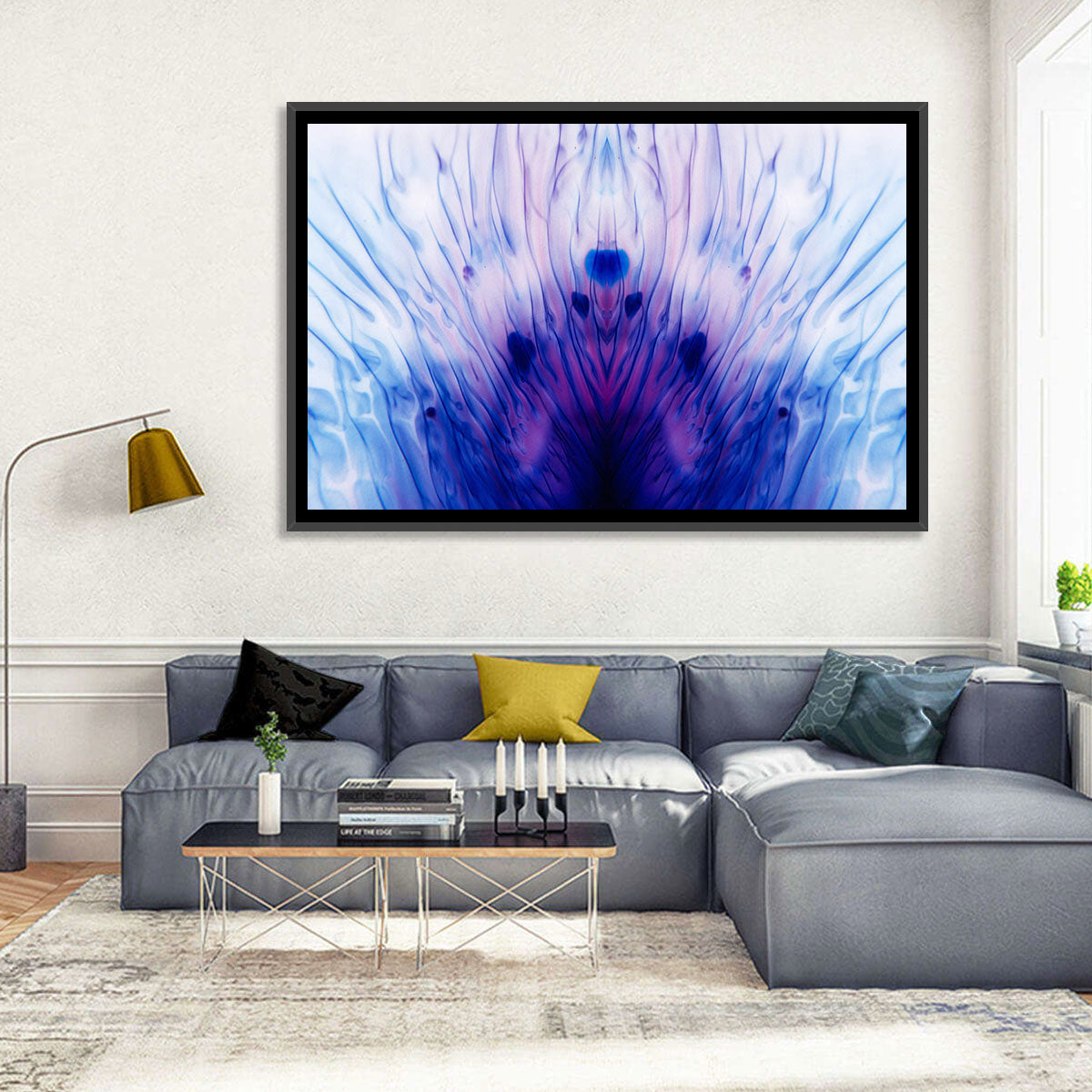 Mirrored Ink Splotch Abstract Wall Art in a room, landscape