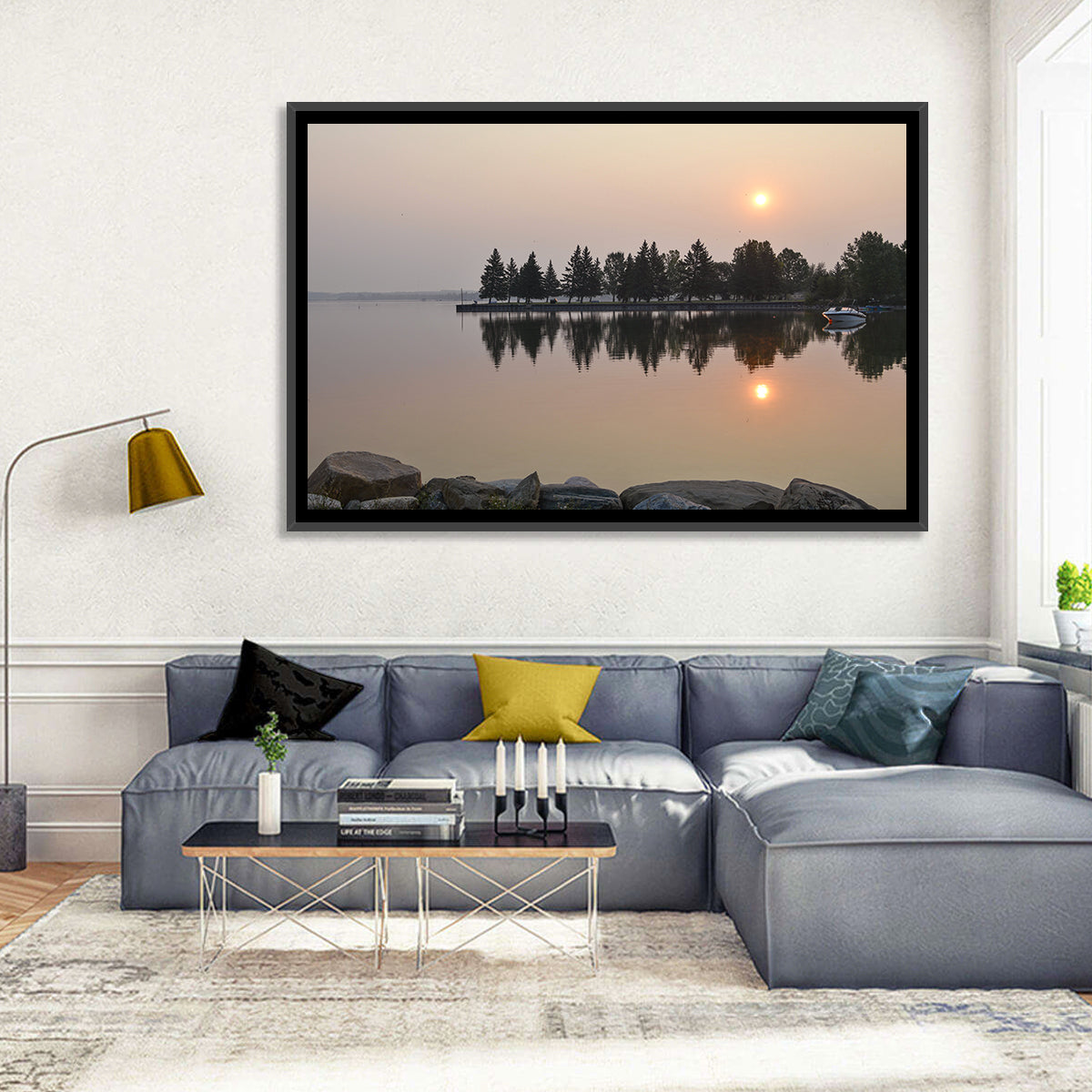 Sylvan Lake Sunset Reflection Wall Art in a room, landscape