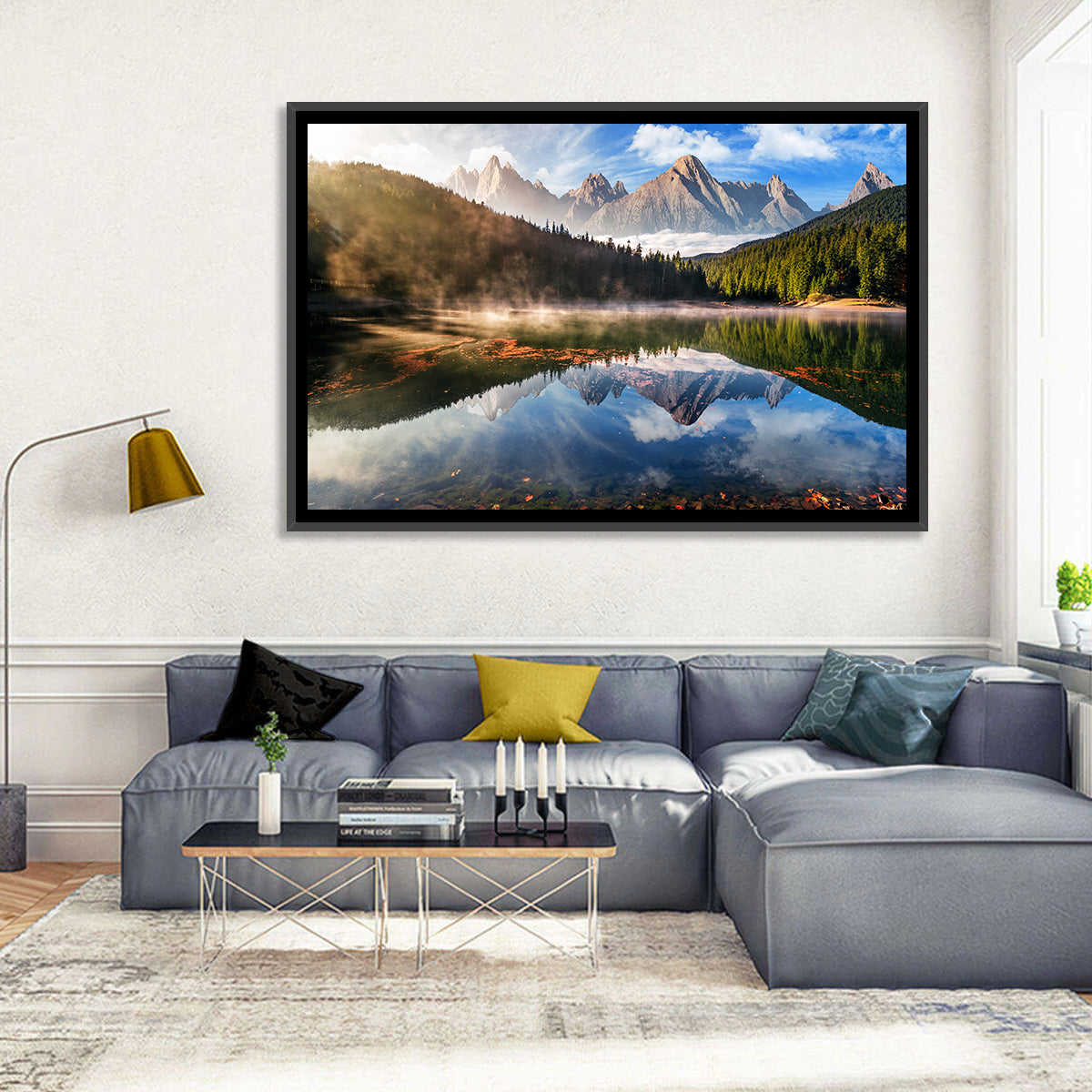 Morning Mist Mountain Lake Wall Art in a room, landscape