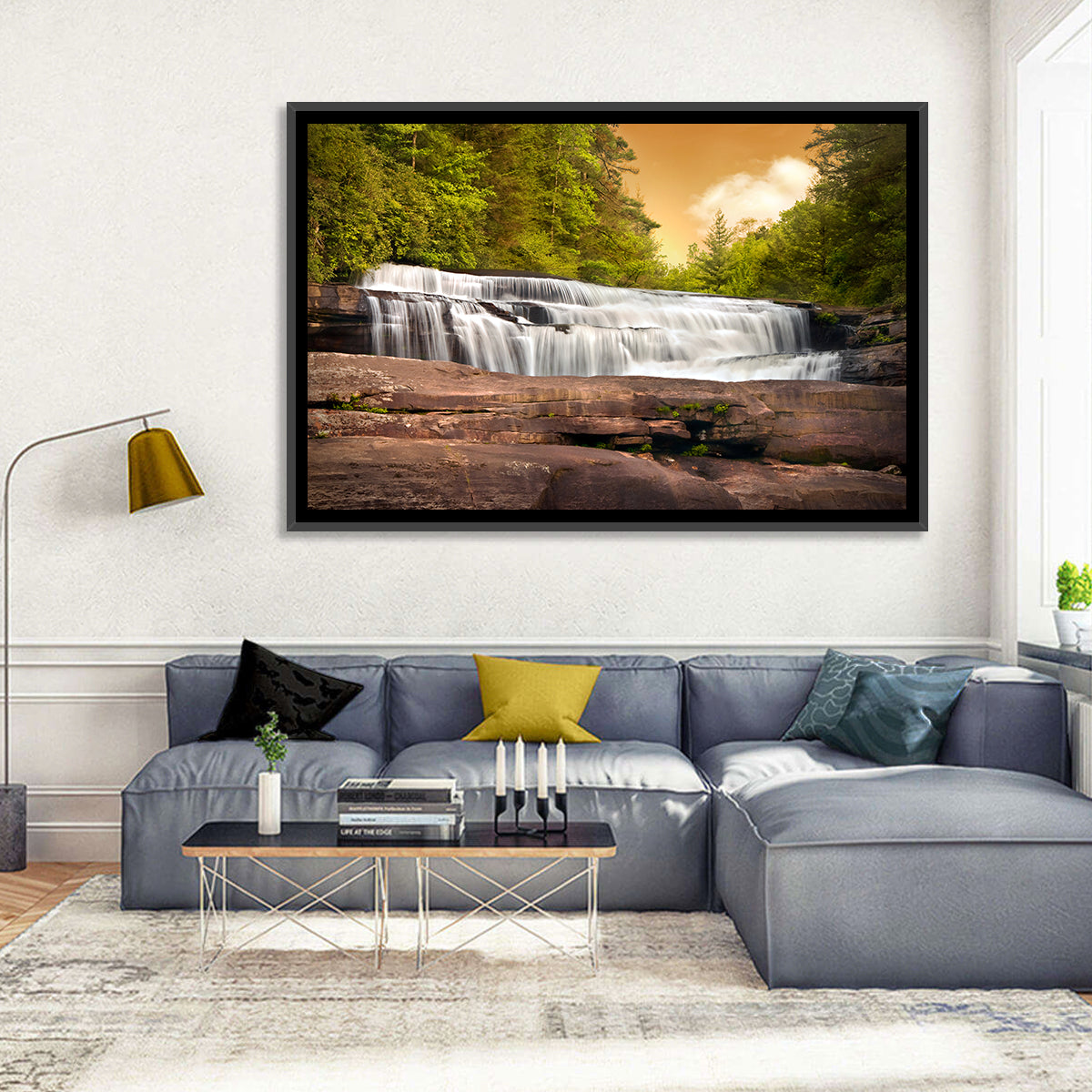 Blue Ridge Waterfall at Golden Hour Wall Art in a room, landscape