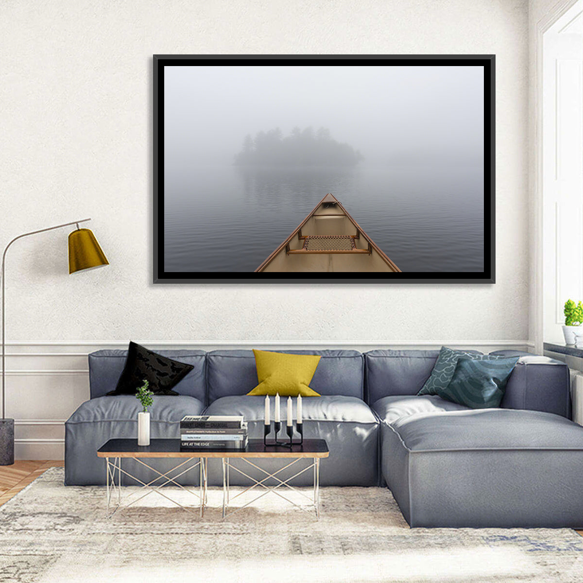 Canoe on Misty Ontario Lake Wall Art in a room, landscape