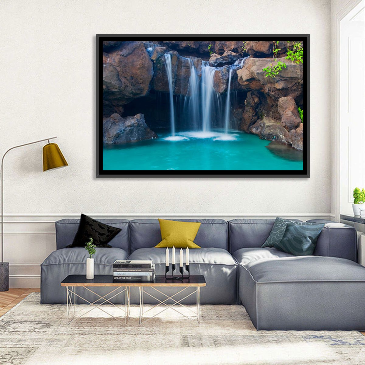 Waterfall Into Turquoise Pool Wall Art in a room, landscape