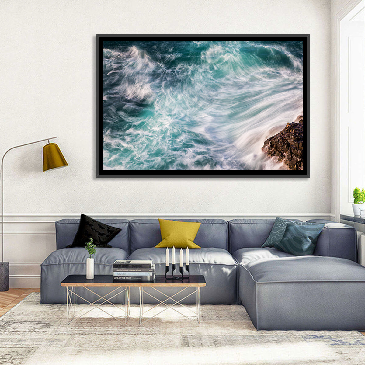 Silky Teal Ocean Waves Wall Art in a room, landscape