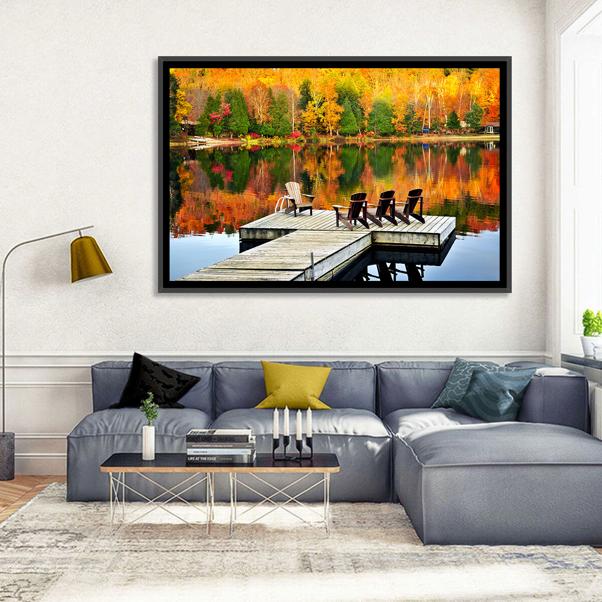 Autumn Lake Dock with Adirondack Chairs Wall Art in a room, landscape