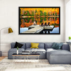 Autumn Lake Dock with Adirondack Chairs Wall Art