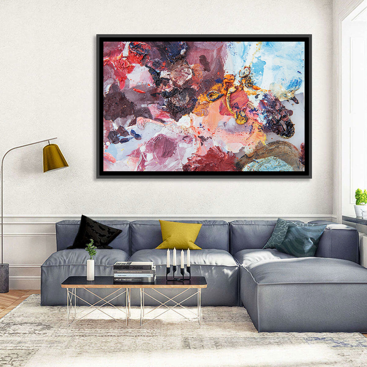 Impasto Color Swirl Abstract Wall Art in a room, landscape