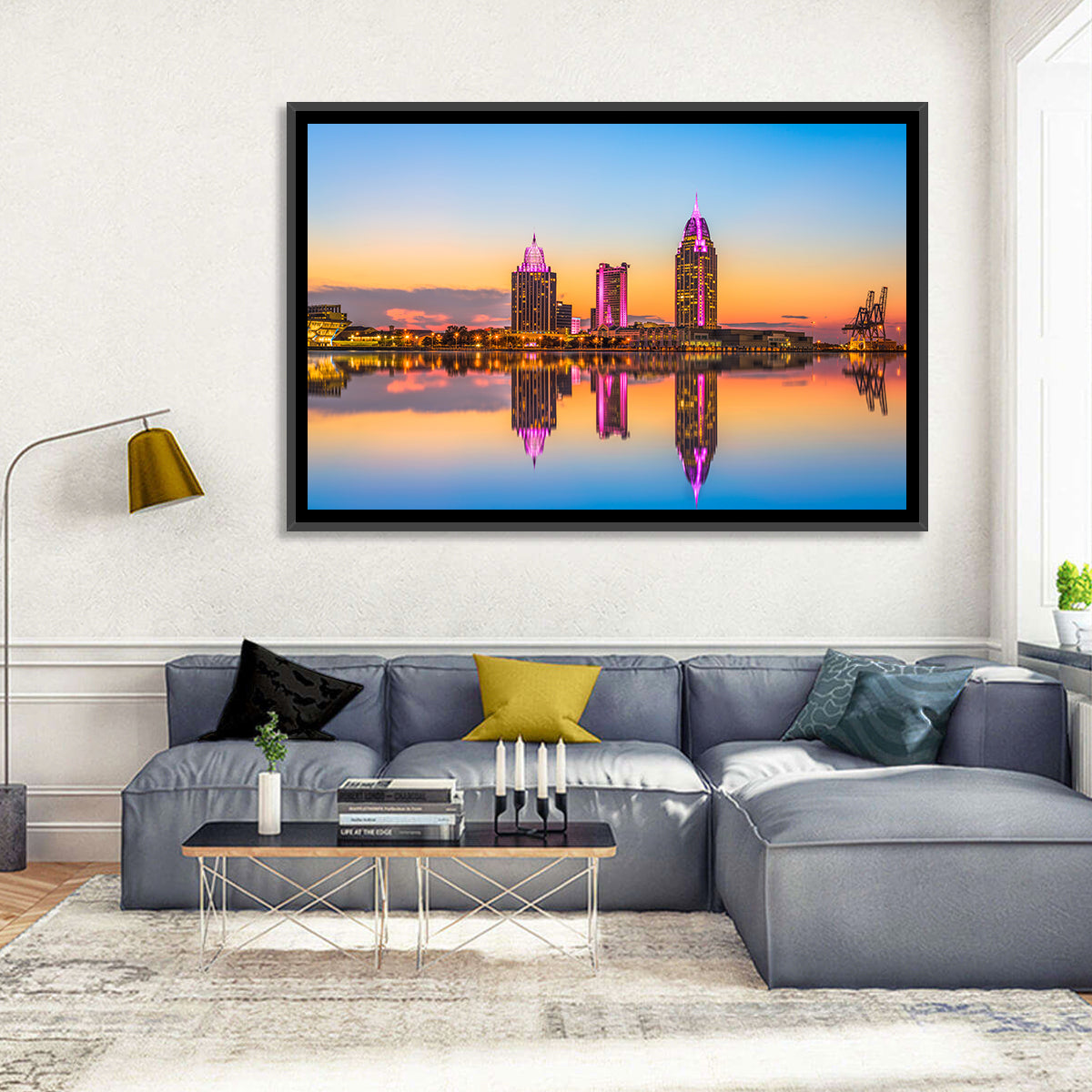 Mobile Alabama Sunset Skyline Wall Art in a room, landscape