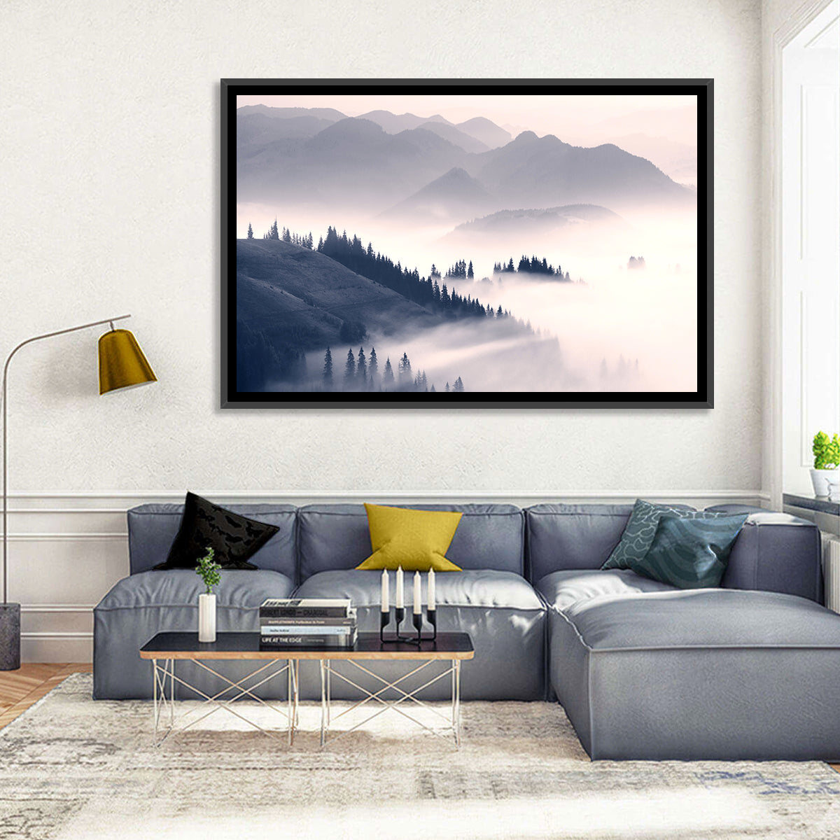 Carpathian Morning Mist Wall Art in a room, landscape