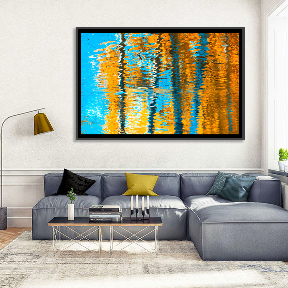 Blue Autumn Reflection Wall Art in a room, landscape