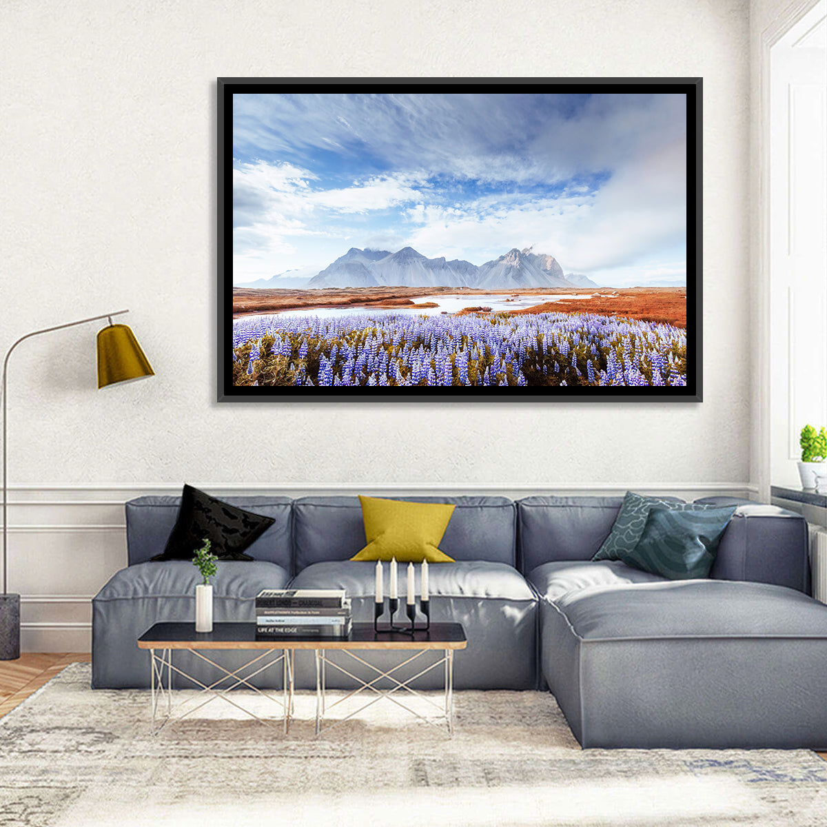 Lupine Fields at Vestrahorn Wall Art in a room, landscape
