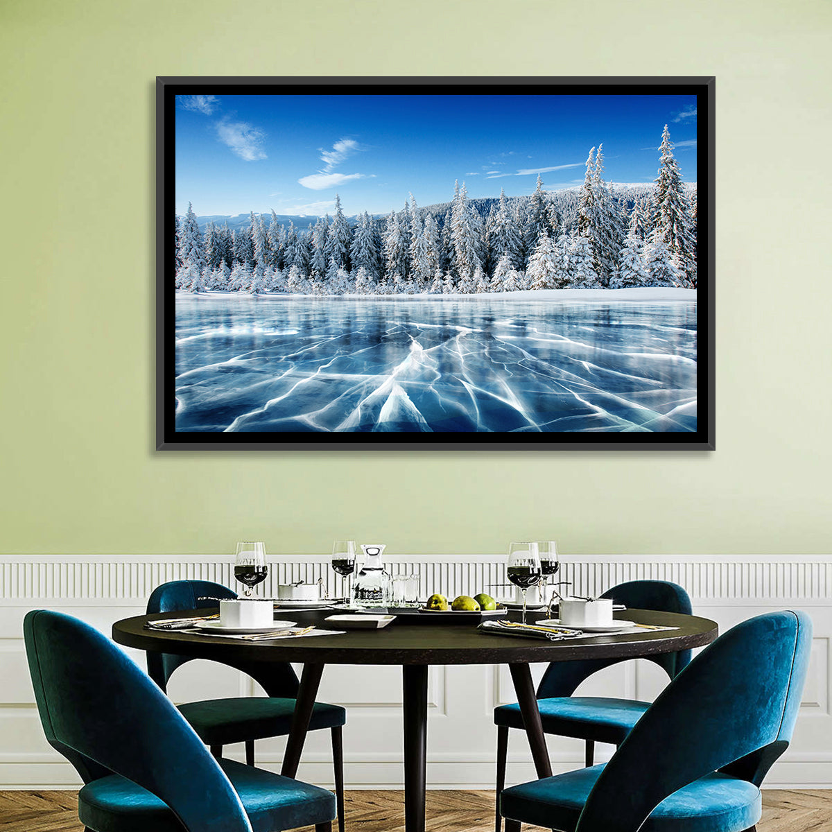Cracked Ice Lake with Snowy Pines Wall Art in a room, landscape