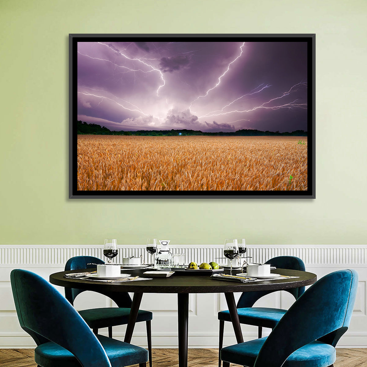 Lightning Over Wheat Field Wall Art in a room, landscape