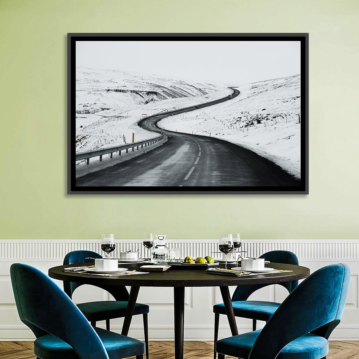 Winding Snow Road with Yellow Markers Wall Art in a room, landscape