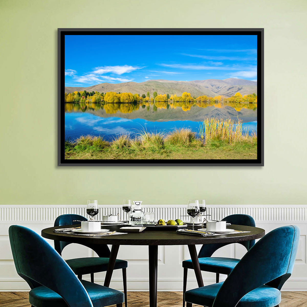 Ruataniwha Autumn Reflection Wall Art in a room, landscape