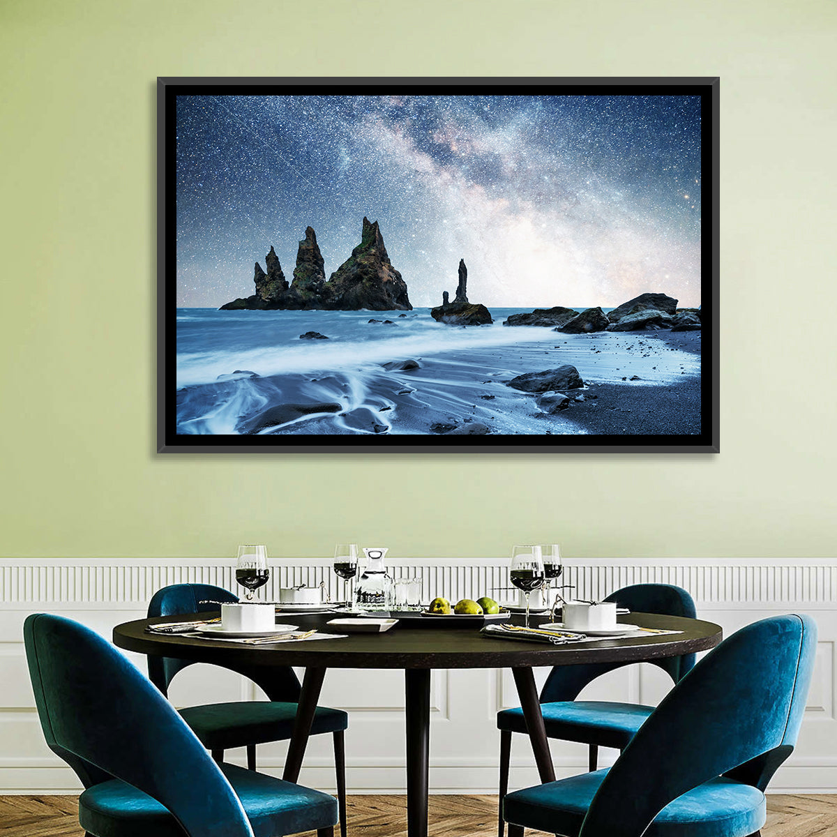 Reynisdrangar Sea Stacks Night Wall Art in a room, landscape