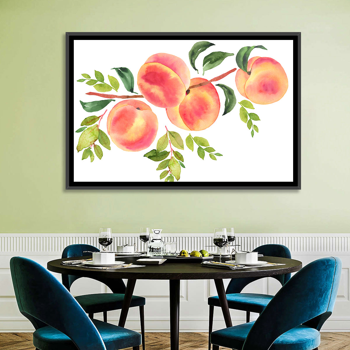 Watercolor Peach Branch Wall Art in a room, landscape