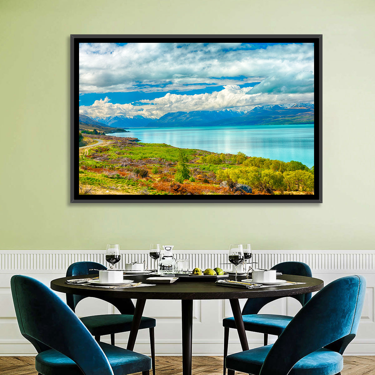 Turquoise Lake Pukaki with Mount Cook Wall Art in a room, landscape