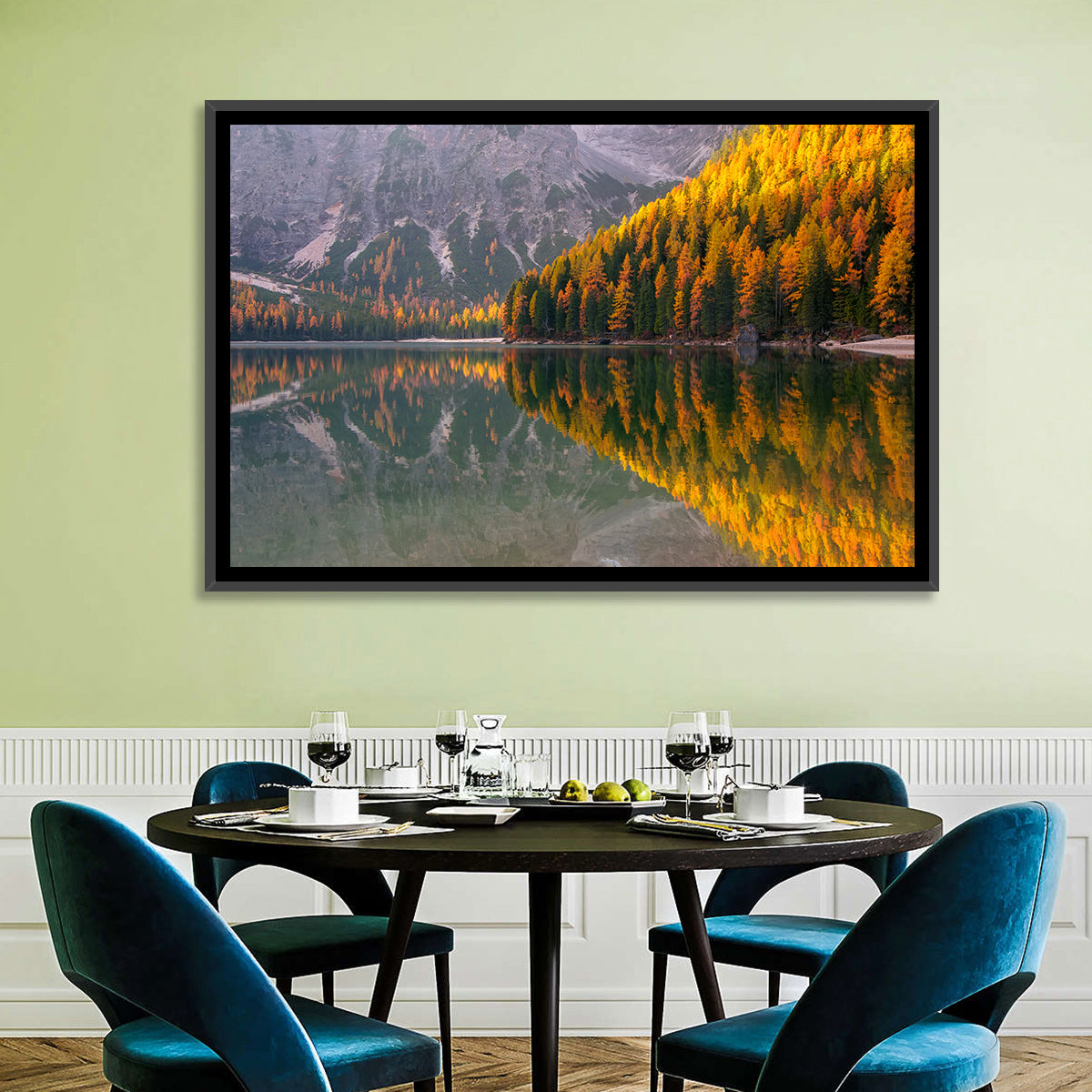 Braies Lake Golden Reflection Wall Art in a room, landscape