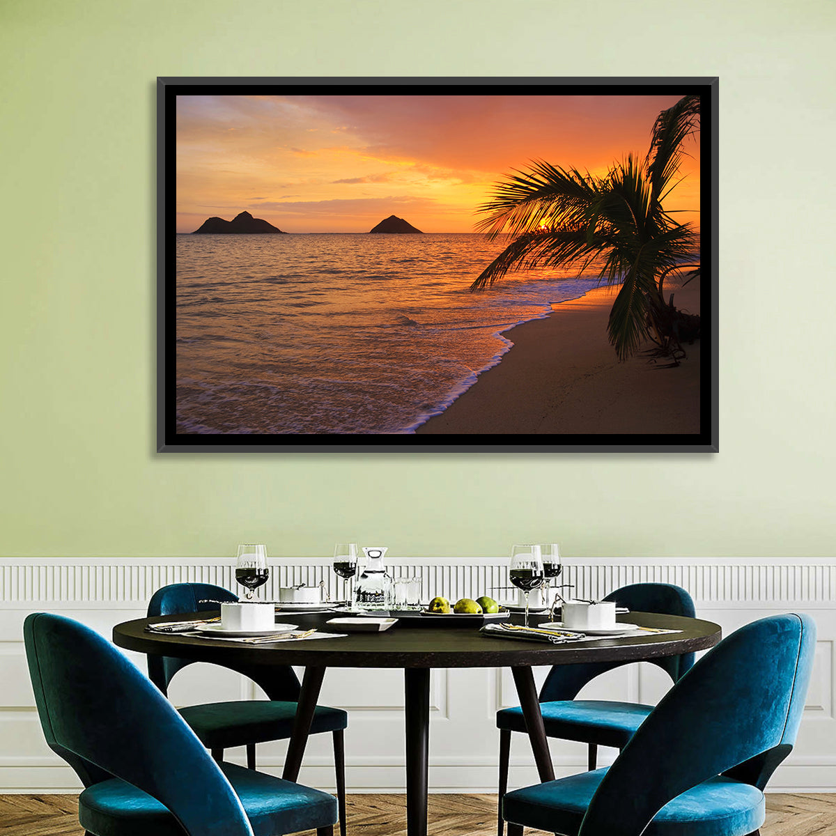 Lanikai Sunrise Over Na Mokulua Wall Art in a room, landscape