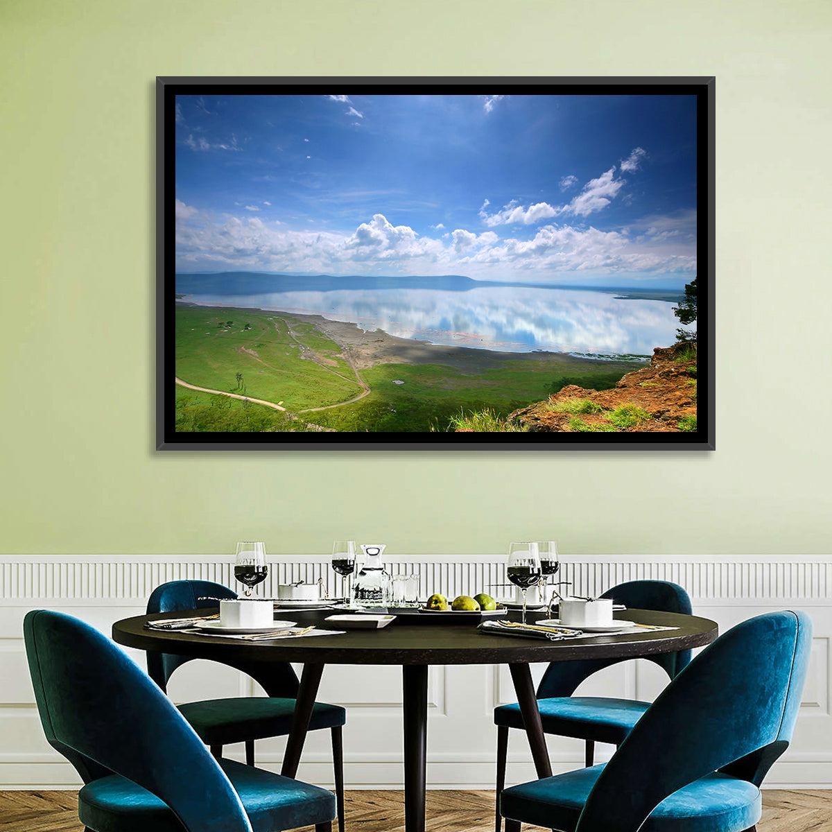 Lake Nakuru Cliffside Reflection Wall Art in a room, landscape