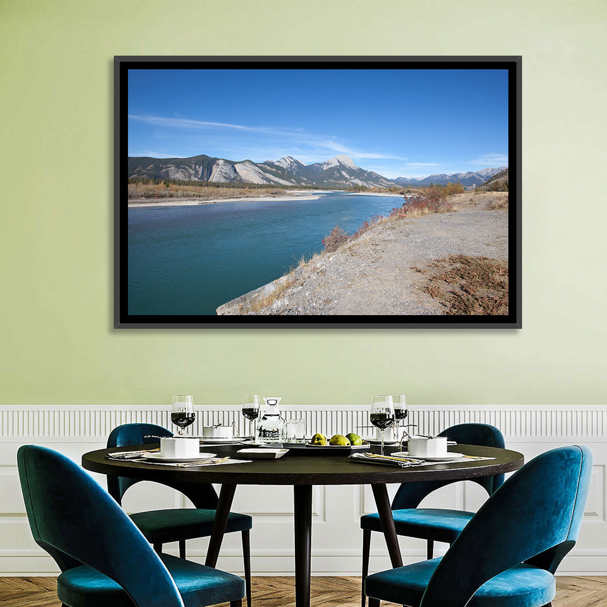 Mount Aeolus Over Athabasca Riverbank Wall Art in a room, landscape