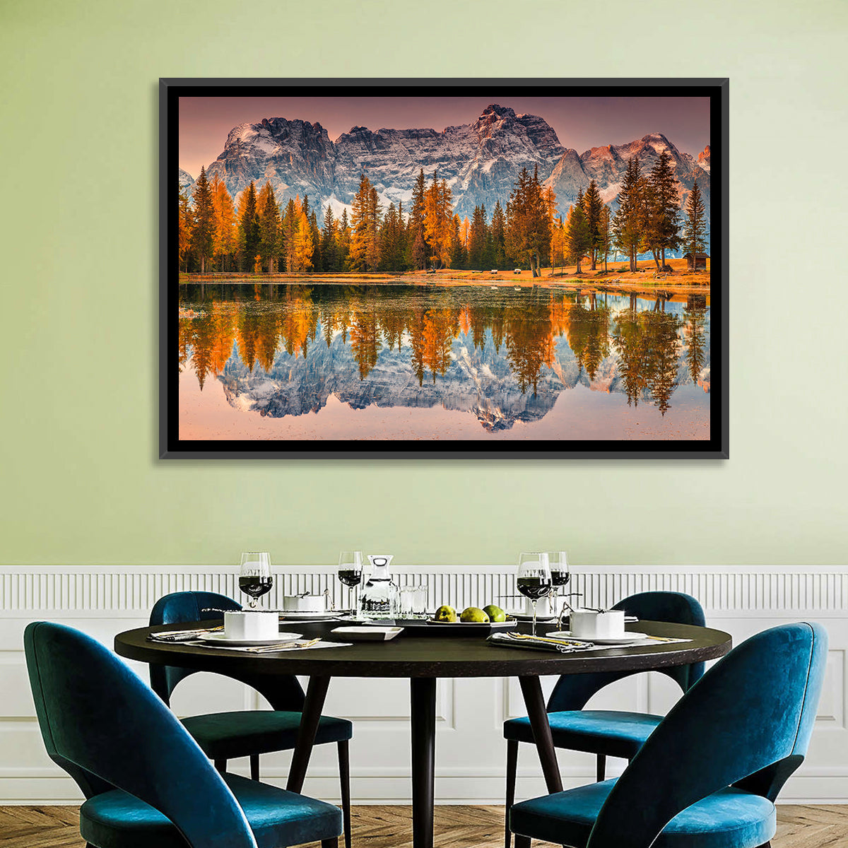 Antorno Lake Autumn Reflection Wall Art in a room, landscape