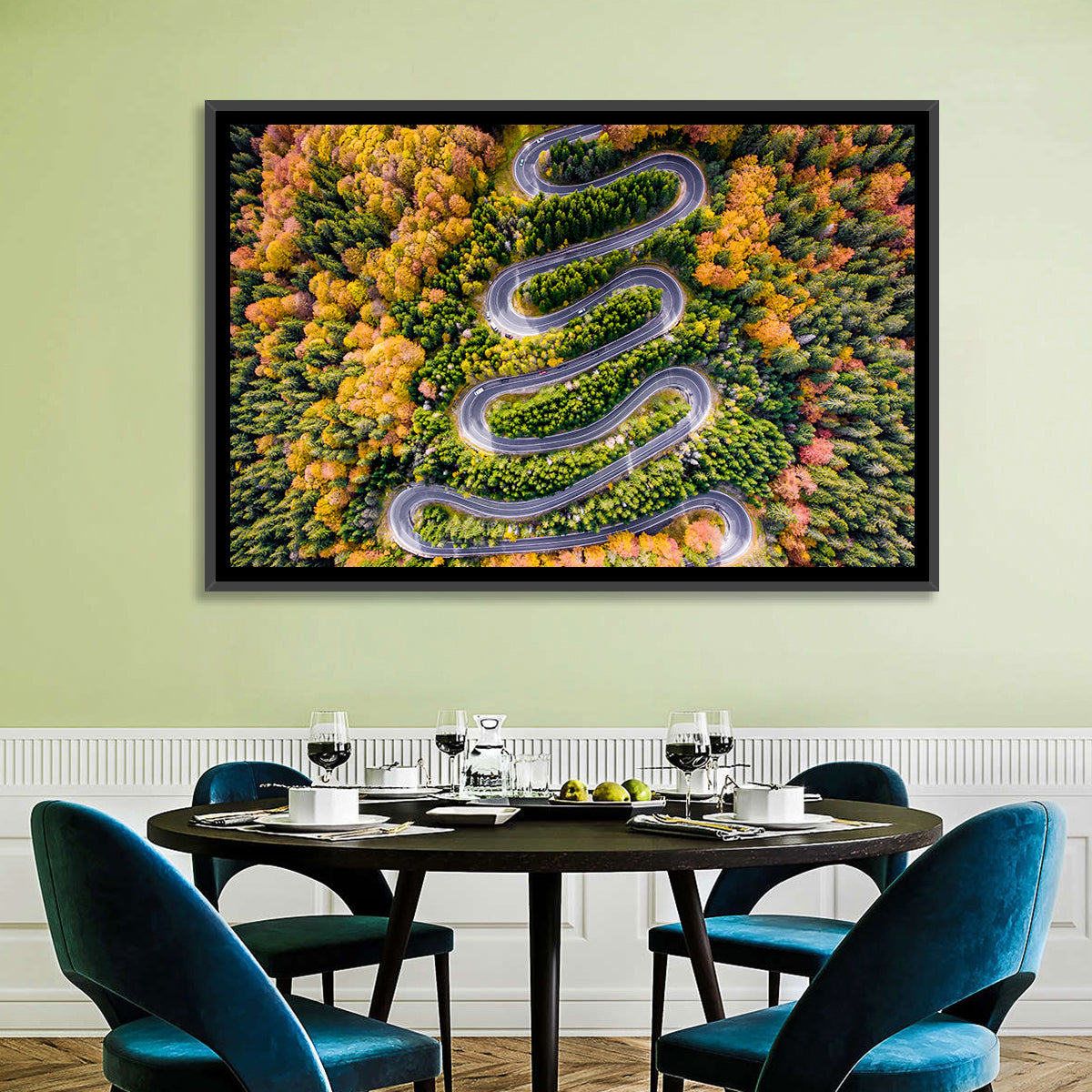 Autumn Winding Forest Road Wall Art in a room, landscape