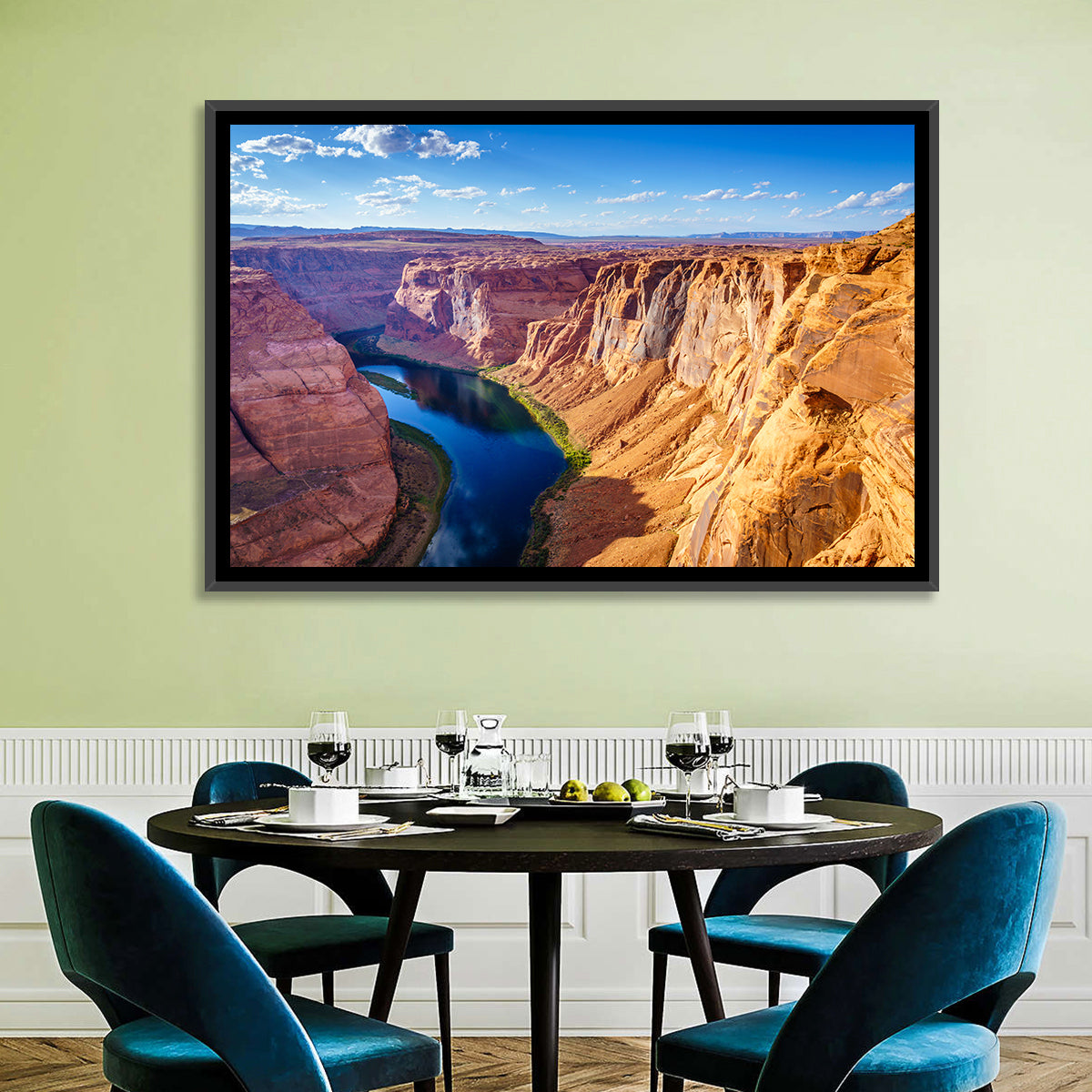Horseshoe Bend Colorado River Wall Art in a room, landscape